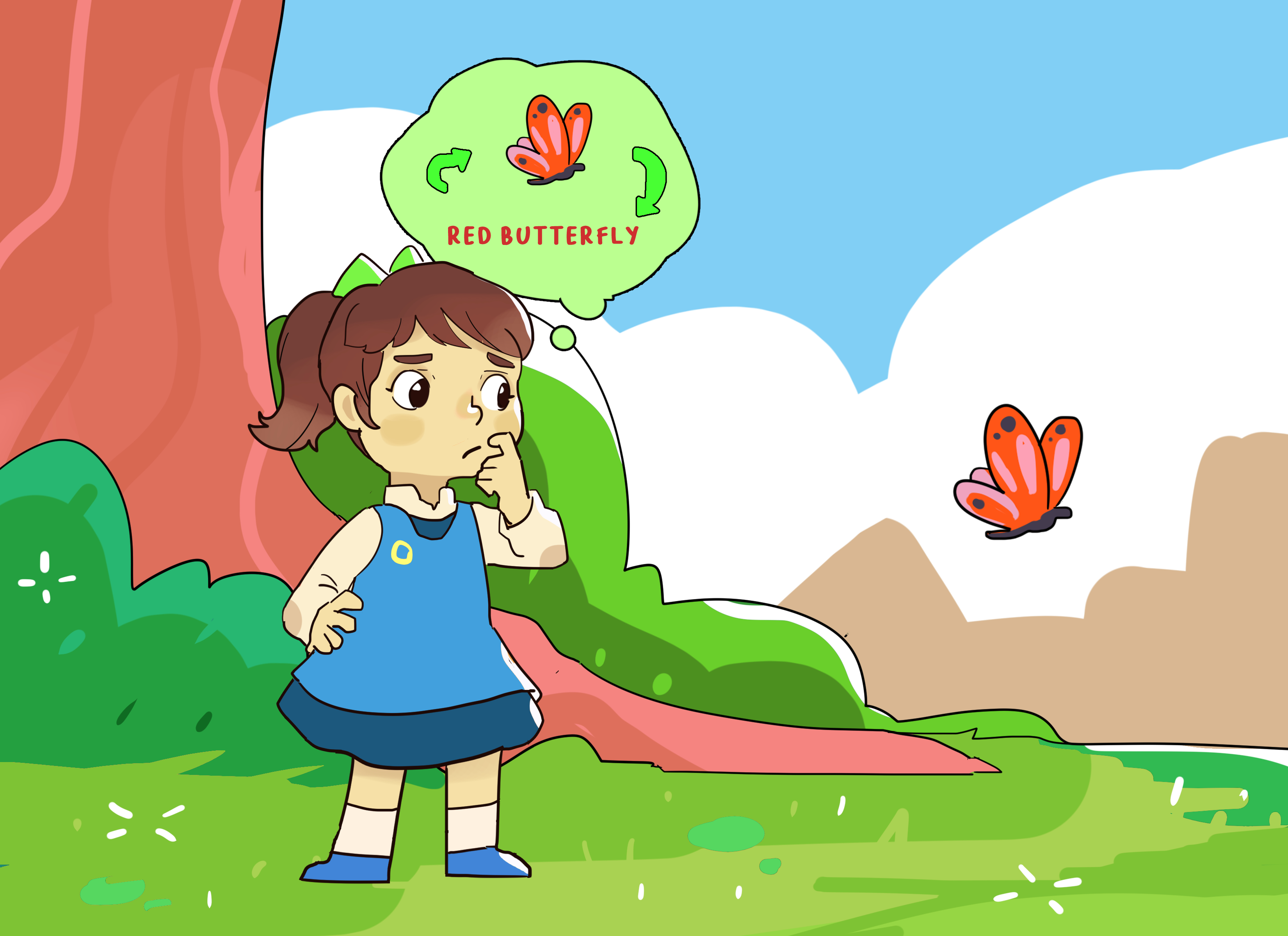 A girl looks at a butterfly and a thought bubble shows she is matching the words red butterfly to the image